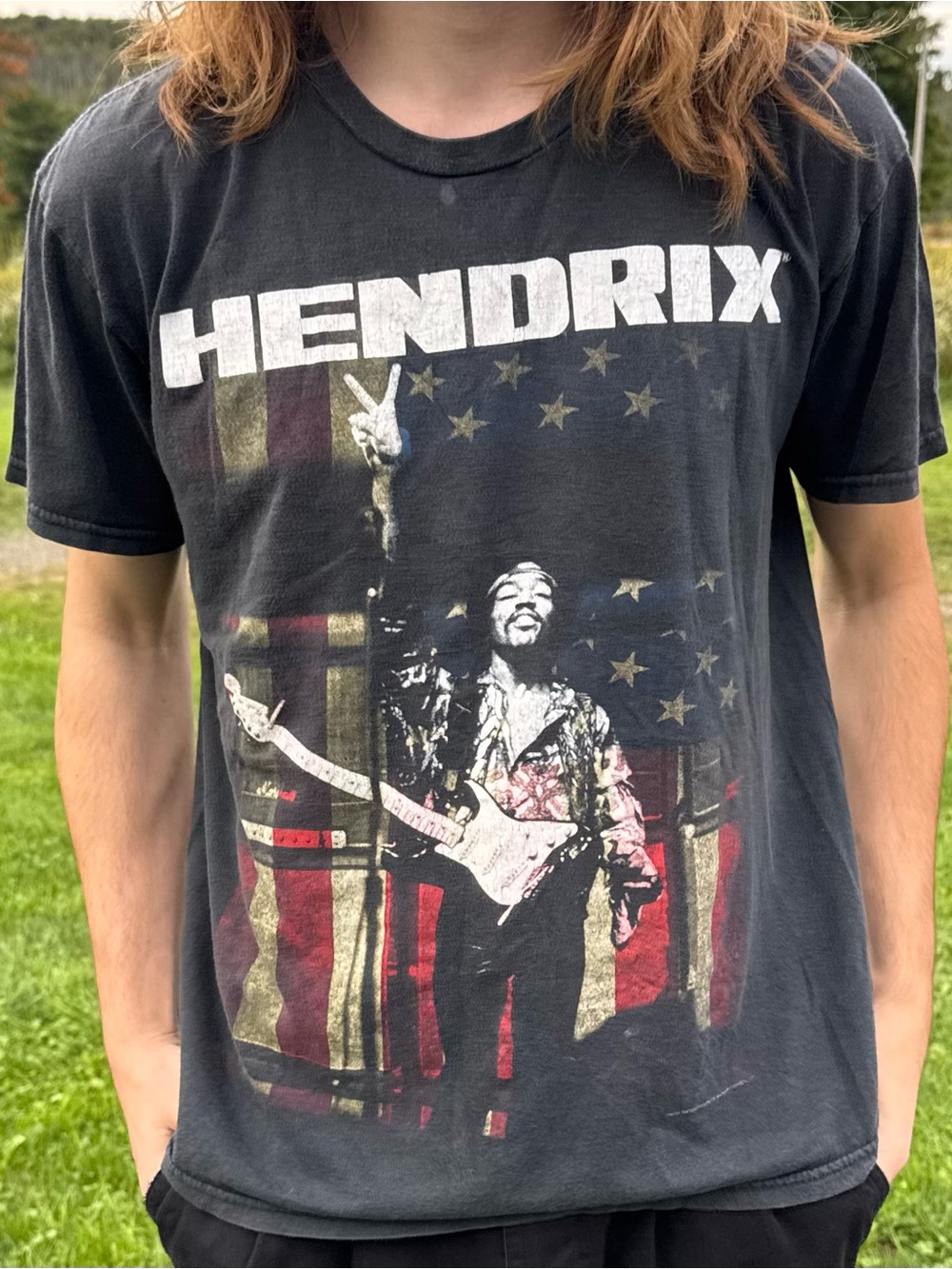Jimi Hendrix American Flag Peace Sign Black Graphic T Shirt Mens Size Large